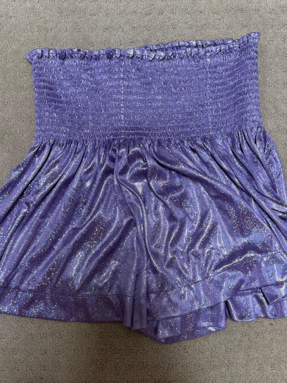 QUEEN OF SPARKLES Purple Metallic High-Waist Smocked Shorts